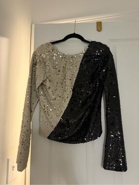 Two-Tone Sequin Long Sleeve Blouse - Black & Silver